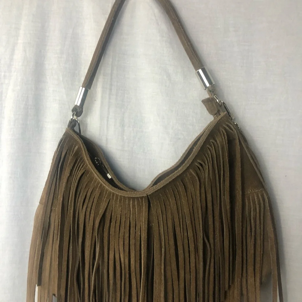 Prune Brown Suede Fringe Hobo Bag